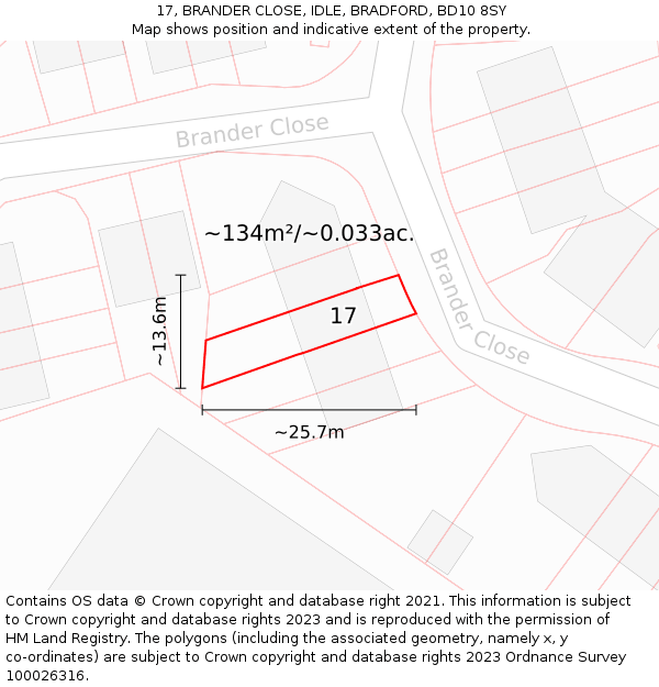 17, BRANDER CLOSE, IDLE, BRADFORD, BD10 8SY: Plot and title map