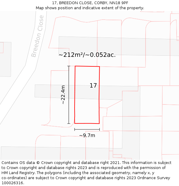 17, BREEDON CLOSE, CORBY, NN18 9PF: Plot and title map
