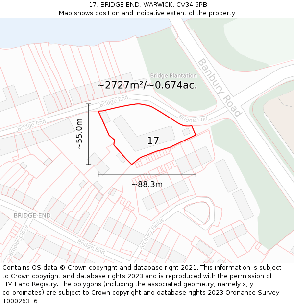 17, BRIDGE END, WARWICK, CV34 6PB: Plot and title map