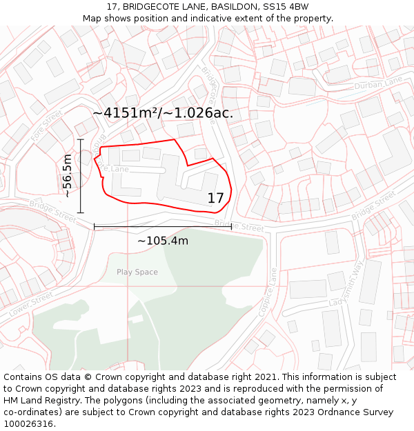 17, BRIDGECOTE LANE, BASILDON, SS15 4BW: Plot and title map
