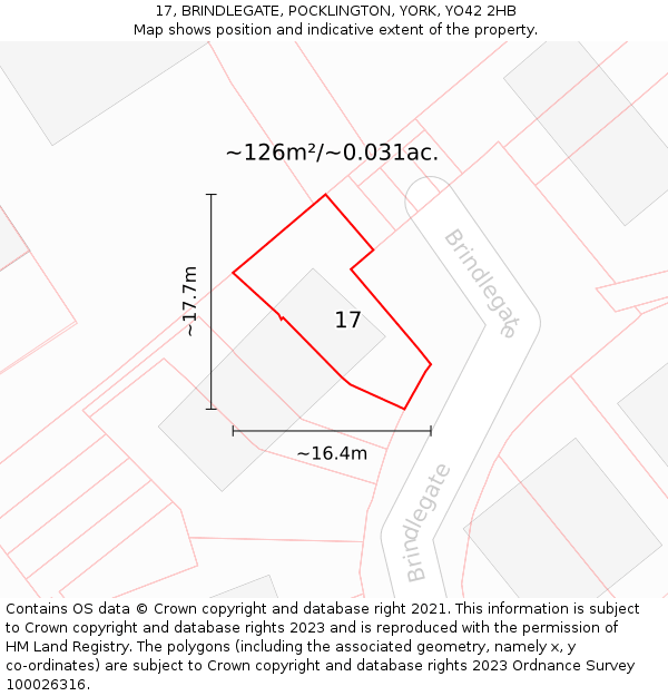 17, BRINDLEGATE, POCKLINGTON, YORK, YO42 2HB: Plot and title map
