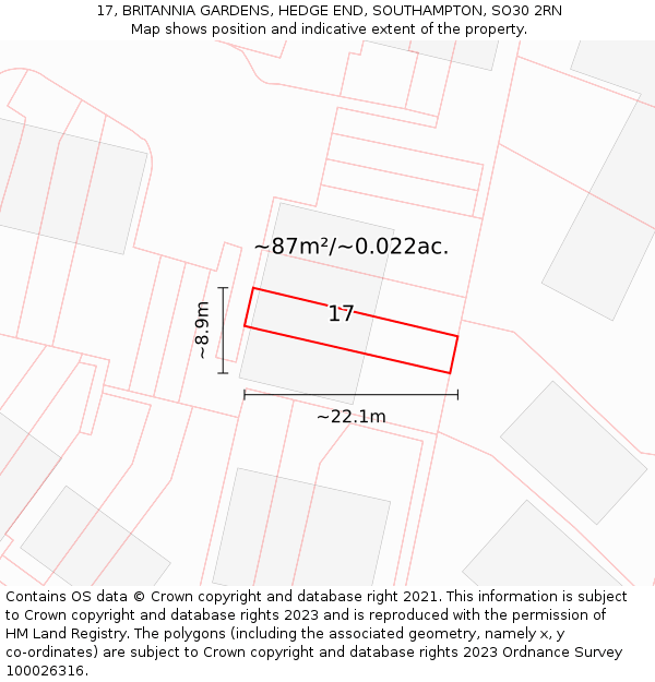 17, BRITANNIA GARDENS, HEDGE END, SOUTHAMPTON, SO30 2RN: Plot and title map