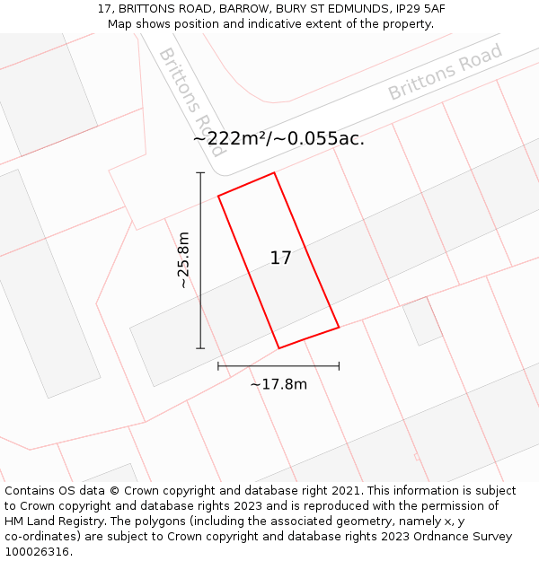 17, BRITTONS ROAD, BARROW, BURY ST EDMUNDS, IP29 5AF: Plot and title map
