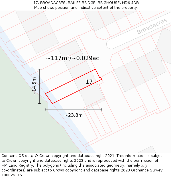 17, BROADACRES, BAILIFF BRIDGE, BRIGHOUSE, HD6 4DB: Plot and title map