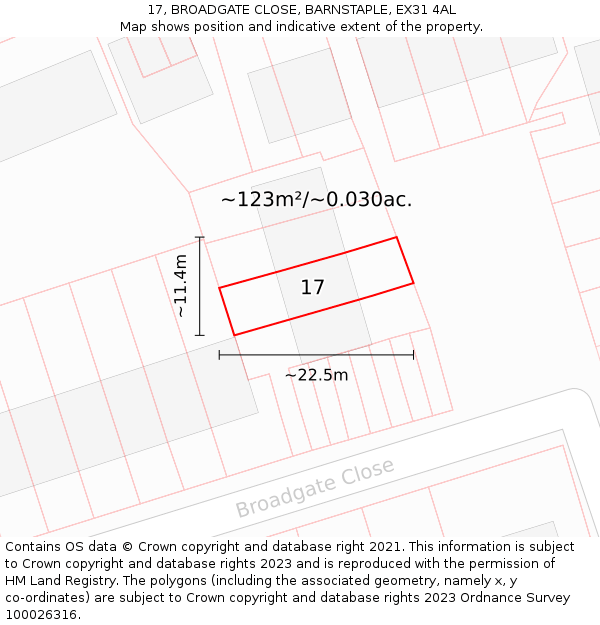 17, BROADGATE CLOSE, BARNSTAPLE, EX31 4AL: Plot and title map
