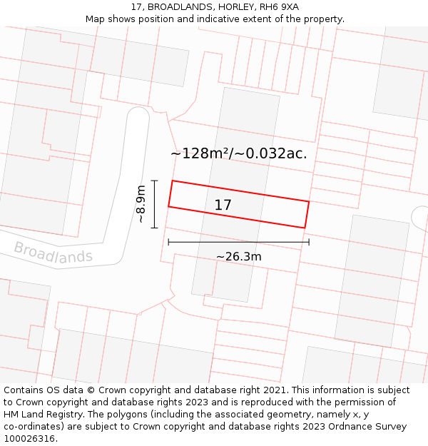 17, BROADLANDS, HORLEY, RH6 9XA: Plot and title map