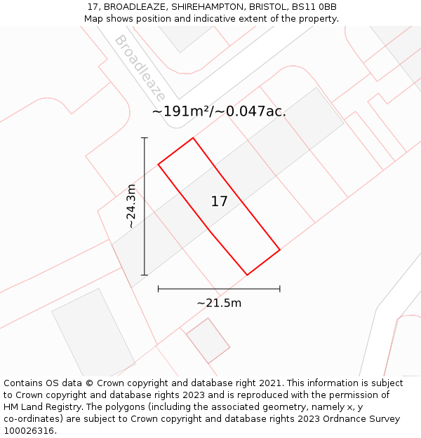 17, BROADLEAZE, SHIREHAMPTON, BRISTOL, BS11 0BB: Plot and title map