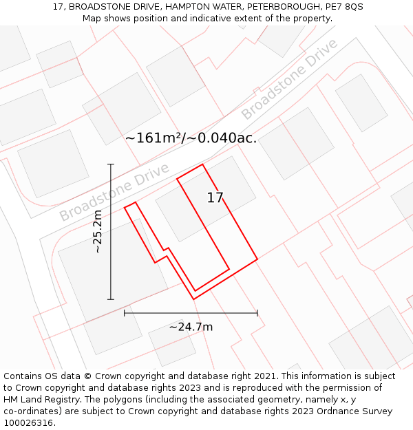 17, BROADSTONE DRIVE, HAMPTON WATER, PETERBOROUGH, PE7 8QS: Plot and title map