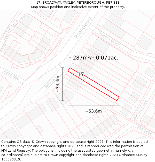 17, BROADWAY, YAXLEY, PETERBOROUGH, PE7 3EE: Plot and title map