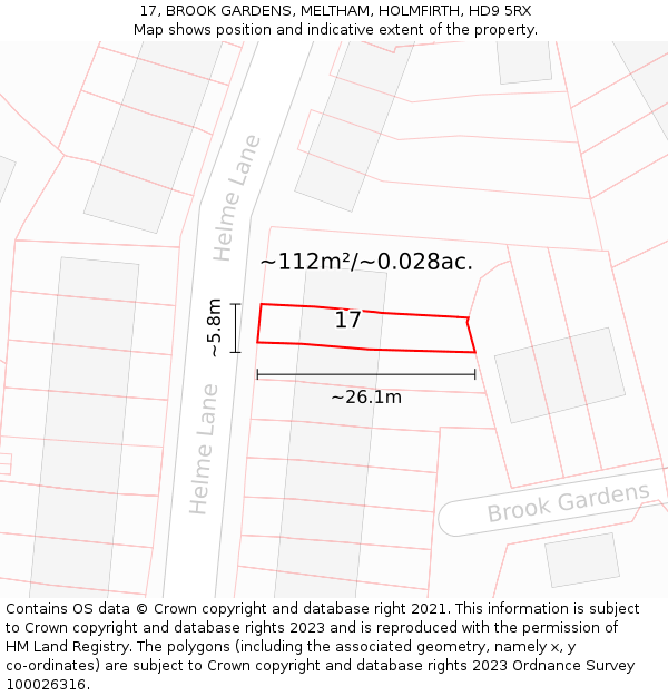 17, BROOK GARDENS, MELTHAM, HOLMFIRTH, HD9 5RX: Plot and title map