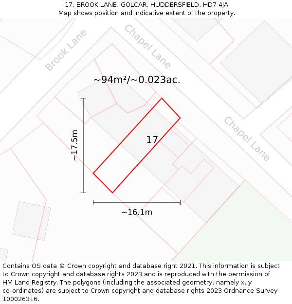 17, BROOK LANE, GOLCAR, HUDDERSFIELD, HD7 4JA: Plot and title map