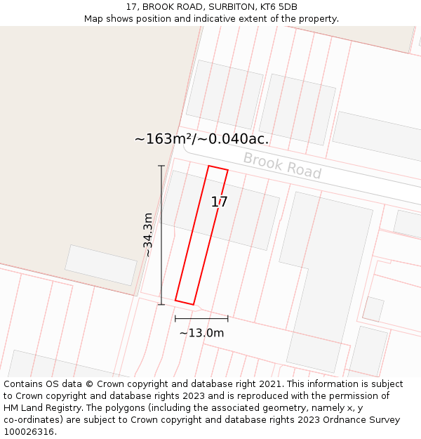 17, BROOK ROAD, SURBITON, KT6 5DB: Plot and title map