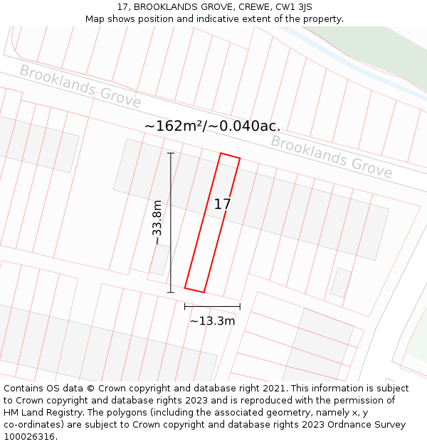 17, BROOKLANDS GROVE, CREWE, CW1 3JS: Plot and title map