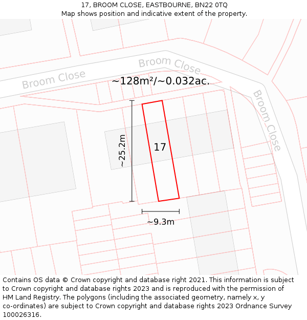 17, BROOM CLOSE, EASTBOURNE, BN22 0TQ: Plot and title map