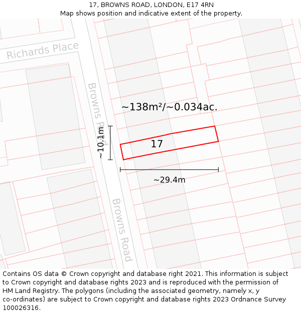 17, BROWNS ROAD, LONDON, E17 4RN: Plot and title map