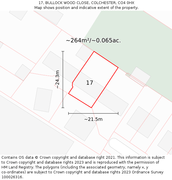 17, BULLOCK WOOD CLOSE, COLCHESTER, CO4 0HX: Plot and title map