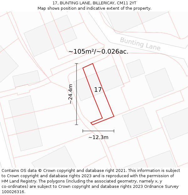 17, BUNTING LANE, BILLERICAY, CM11 2YT: Plot and title map
