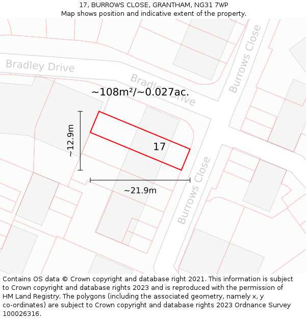 17, BURROWS CLOSE, GRANTHAM, NG31 7WP: Plot and title map