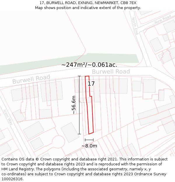 17, BURWELL ROAD, EXNING, NEWMARKET, CB8 7EX: Plot and title map