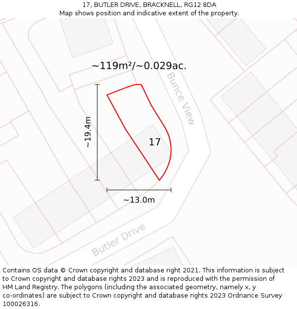 17, BUTLER DRIVE, BRACKNELL, RG12 8DA: Plot and title map