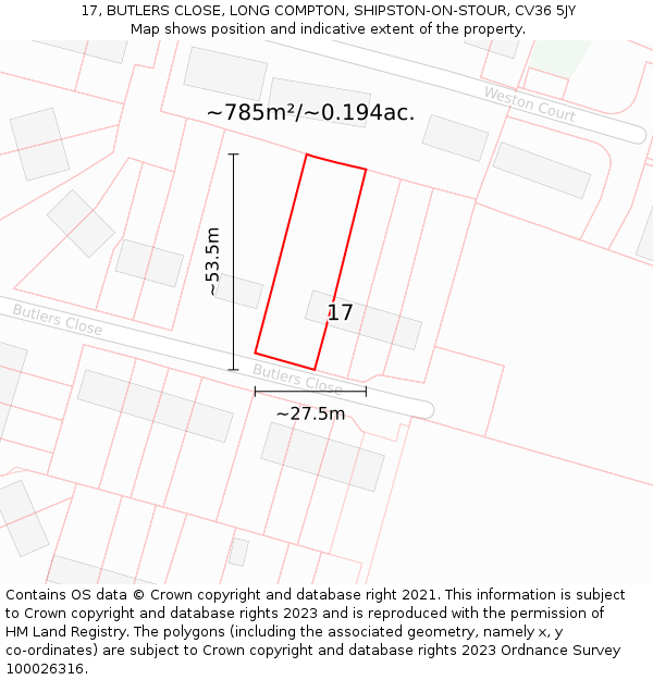17, BUTLERS CLOSE, LONG COMPTON, SHIPSTON-ON-STOUR, CV36 5JY: Plot and title map
