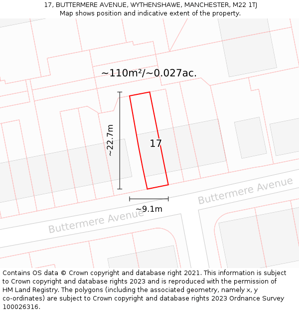 17, BUTTERMERE AVENUE, WYTHENSHAWE, MANCHESTER, M22 1TJ: Plot and title map