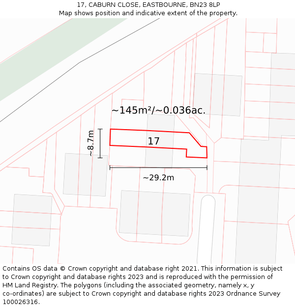 17, CABURN CLOSE, EASTBOURNE, BN23 8LP: Plot and title map
