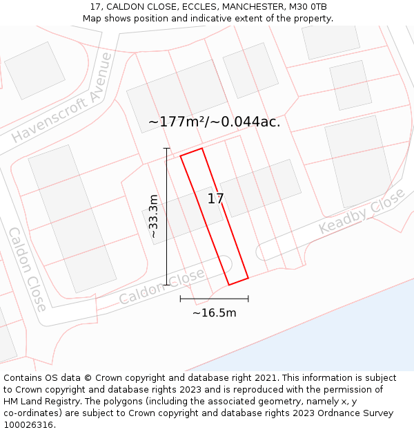 17, CALDON CLOSE, ECCLES, MANCHESTER, M30 0TB: Plot and title map