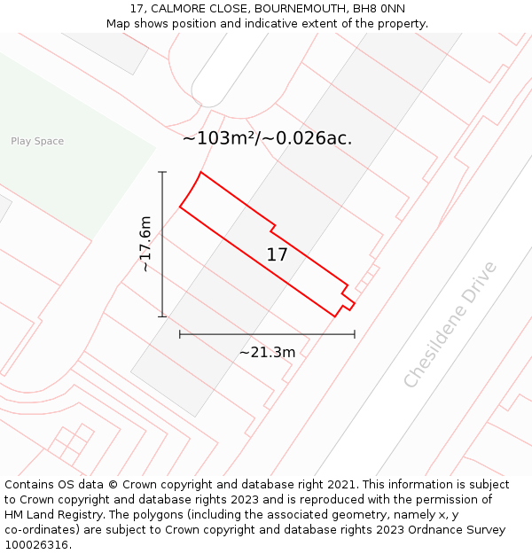 17, CALMORE CLOSE, BOURNEMOUTH, BH8 0NN: Plot and title map