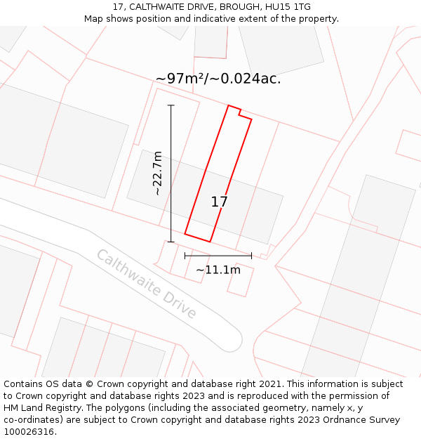 17, CALTHWAITE DRIVE, BROUGH, HU15 1TG: Plot and title map
