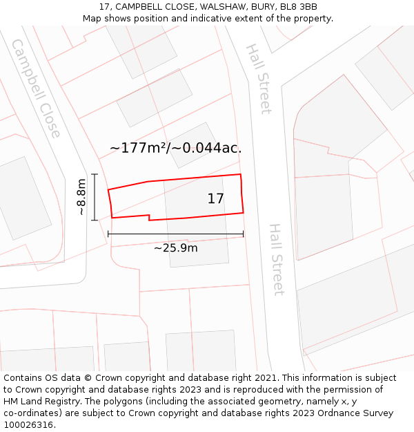 17, CAMPBELL CLOSE, WALSHAW, BURY, BL8 3BB: Plot and title map