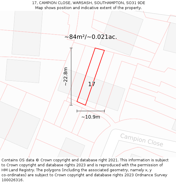 17, CAMPION CLOSE, WARSASH, SOUTHAMPTON, SO31 9DE: Plot and title map