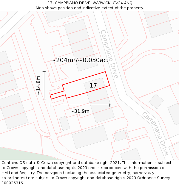17, CAMPRIANO DRIVE, WARWICK, CV34 4NQ: Plot and title map