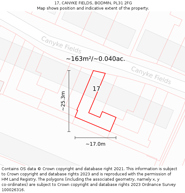 17, CANYKE FIELDS, BODMIN, PL31 2FG: Plot and title map