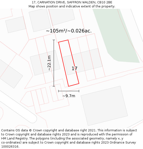 17, CARNATION DRIVE, SAFFRON WALDEN, CB10 2BE: Plot and title map