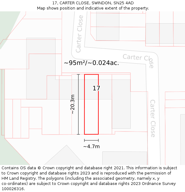 17, CARTER CLOSE, SWINDON, SN25 4AD: Plot and title map