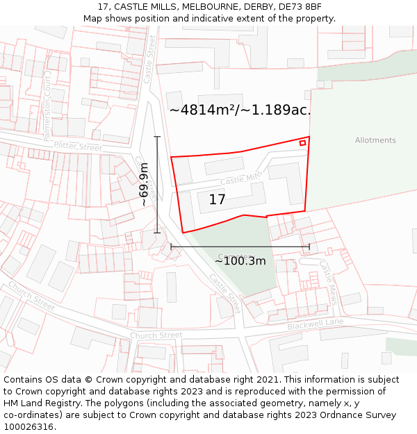 17, CASTLE MILLS, MELBOURNE, DERBY, DE73 8BF: Plot and title map
