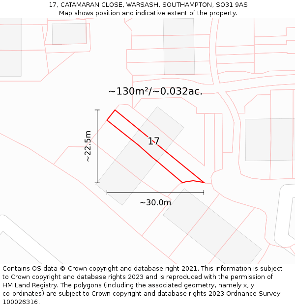 17, CATAMARAN CLOSE, WARSASH, SOUTHAMPTON, SO31 9AS: Plot and title map