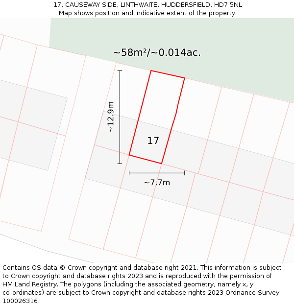 17, CAUSEWAY SIDE, LINTHWAITE, HUDDERSFIELD, HD7 5NL: Plot and title map