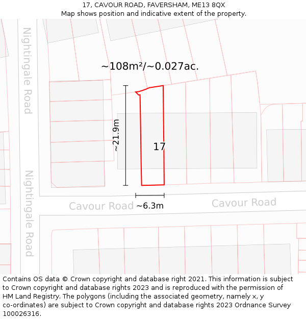 17, CAVOUR ROAD, FAVERSHAM, ME13 8QX: Plot and title map