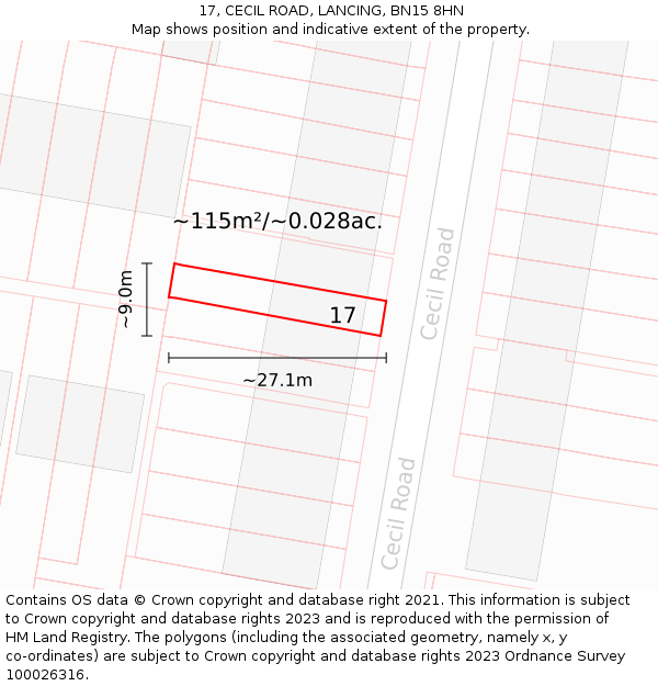17, CECIL ROAD, LANCING, BN15 8HN: Plot and title map