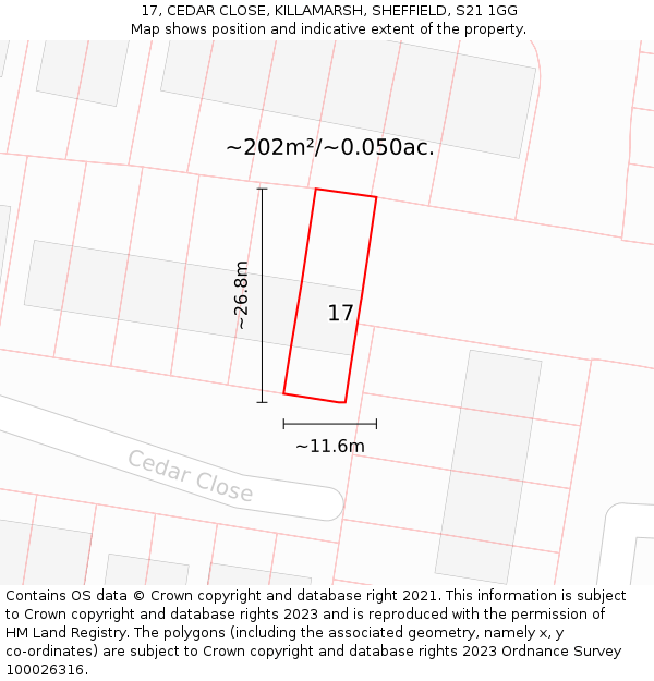 17, CEDAR CLOSE, KILLAMARSH, SHEFFIELD, S21 1GG: Plot and title map