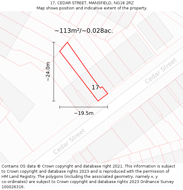 17, CEDAR STREET, MANSFIELD, NG18 2RZ: Plot and title map