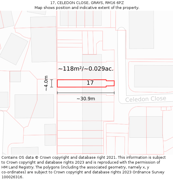17, CELEDON CLOSE, GRAYS, RM16 6PZ: Plot and title map