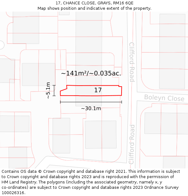 17, CHANCE CLOSE, GRAYS, RM16 6QE: Plot and title map