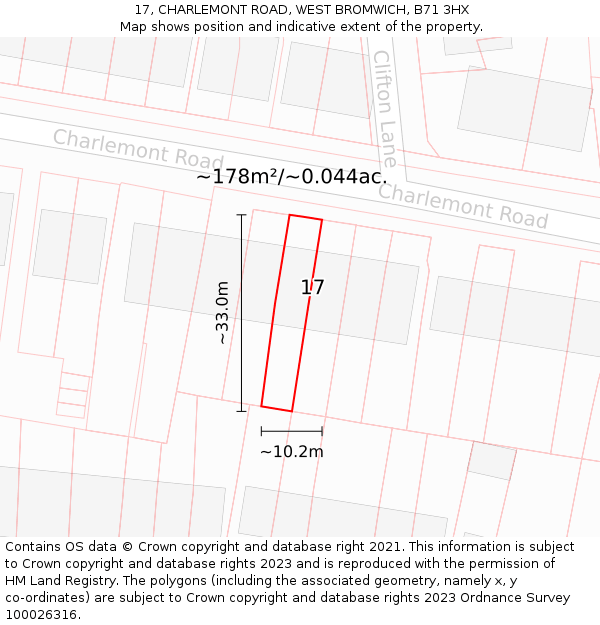 17, CHARLEMONT ROAD, WEST BROMWICH, B71 3HX: Plot and title map