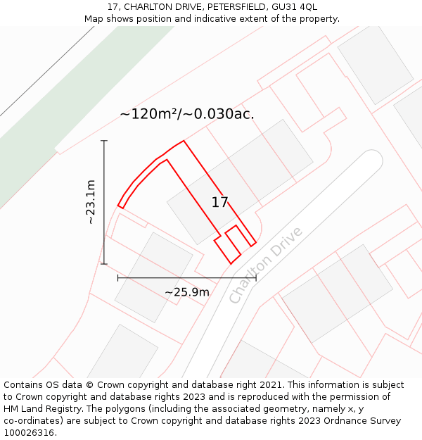17, CHARLTON DRIVE, PETERSFIELD, GU31 4QL: Plot and title map