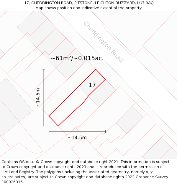 17, CHEDDINGTON ROAD, PITSTONE, LEIGHTON BUZZARD, LU7 9AQ: Plot and title map