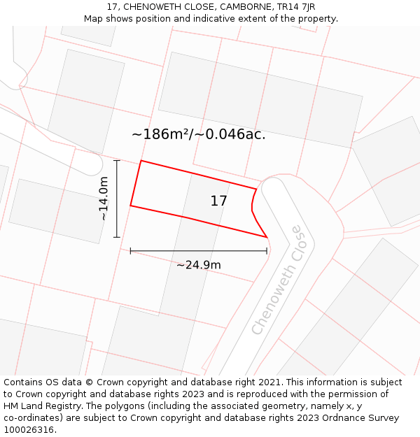 17, CHENOWETH CLOSE, CAMBORNE, TR14 7JR: Plot and title map