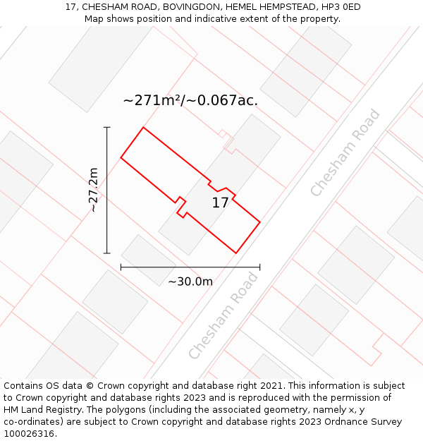 17, CHESHAM ROAD, BOVINGDON, HEMEL HEMPSTEAD, HP3 0ED: Plot and title map